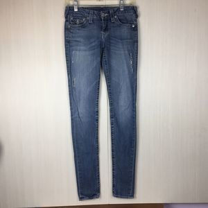TRUE RELIGION Women's Blue Skinny Denim Jeans Embroidered Rear Pockets Size 27